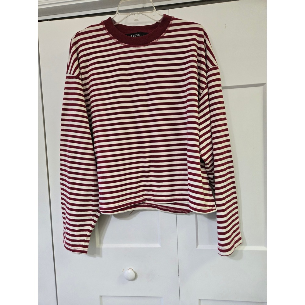 Lioness Burgundy Cream Striped Long Sleeve Relaxed Crew Neck Top Size M